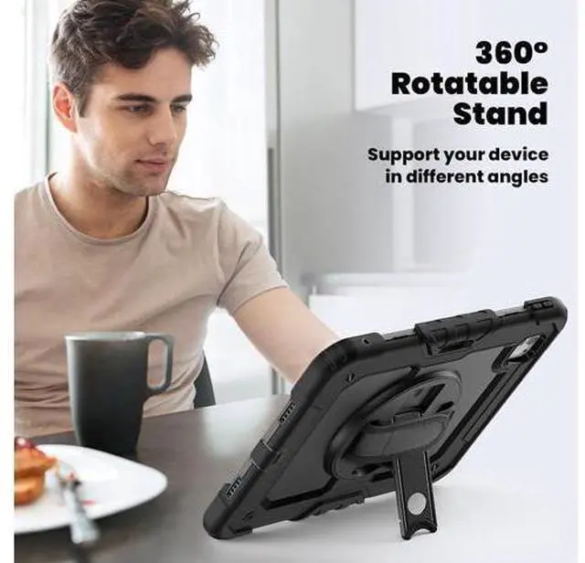 Alt view image 6 of 7 - Case for 2024 iPad Pro 11-Inch M4 (2024, 5th Gen), 3 Layer Hybrid Shockproof Rugged Protective Case with 360° Rotating Stand - Hand Strap - Shoulder Strap - Pencil Holder,Black