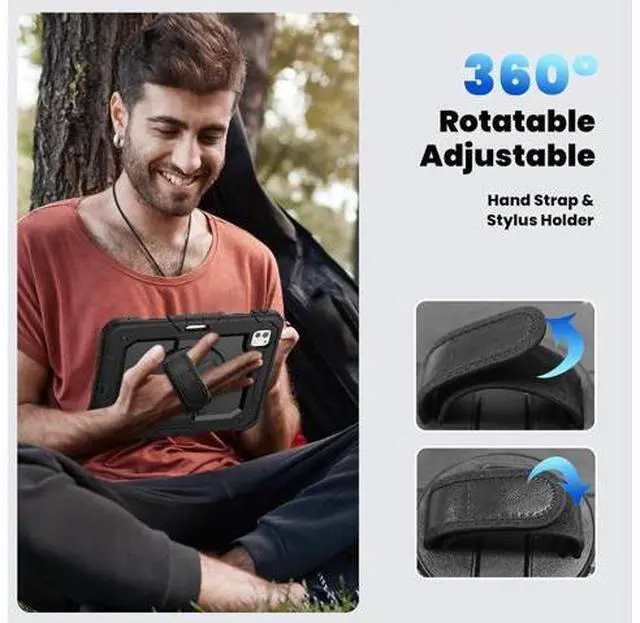 Alt view image 5 of 7 - Case for 2024 iPad Pro 11-Inch M4 (2024, 5th Gen), 3 Layer Hybrid Shockproof Rugged Protective Case with 360° Rotating Stand - Hand Strap - Shoulder Strap - Pencil Holder,Black