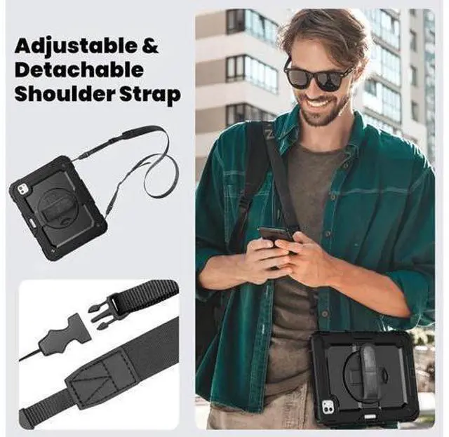 Alt view image 7 of 7 - Case for 2024 iPad Pro 11-Inch M4 (2024, 5th Gen), 3 Layer Hybrid Shockproof Rugged Protective Case with 360° Rotating Stand - Hand Strap - Shoulder Strap - Pencil Holder,Black