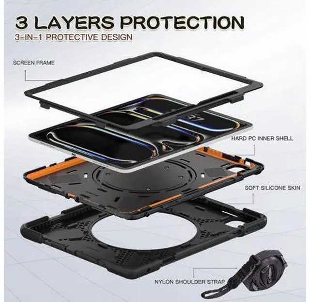 Alt view image 3 of 7 - for iPad Pro 13-inch Case (2024) M4 Chip Model A2925 Heavy Duty Rugged Durability Silicone Tablet Cover with 360° Rotating Ring Foldable Kickstand & Shoulder Strap, Black