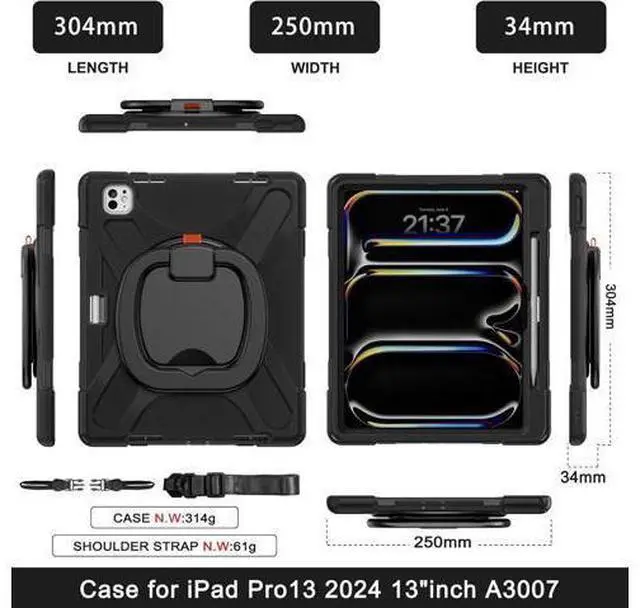 Alt view image 5 of 7 - for iPad Pro 13-inch Case (2024) M4 Chip Model A2925 Heavy Duty Rugged Durability Silicone Tablet Cover with 360° Rotating Ring Foldable Kickstand & Shoulder Strap, Black