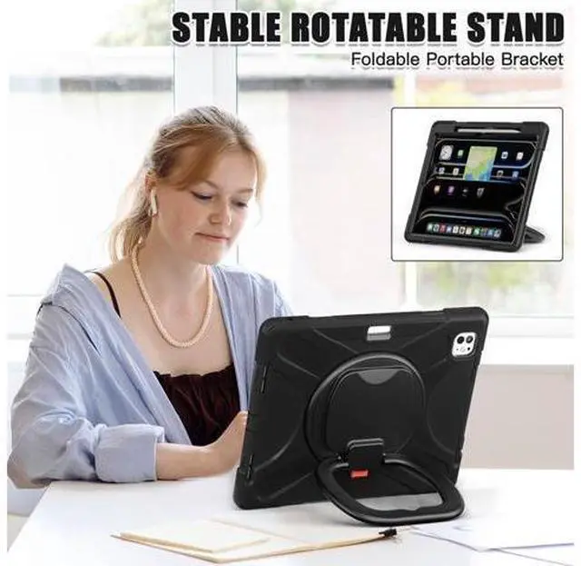 Alt view image 6 of 7 - for iPad Pro 13-inch Case (2024) M4 Chip Model A2925 Heavy Duty Rugged Durability Silicone Tablet Cover with 360° Rotating Ring Foldable Kickstand & Shoulder Strap, Black
