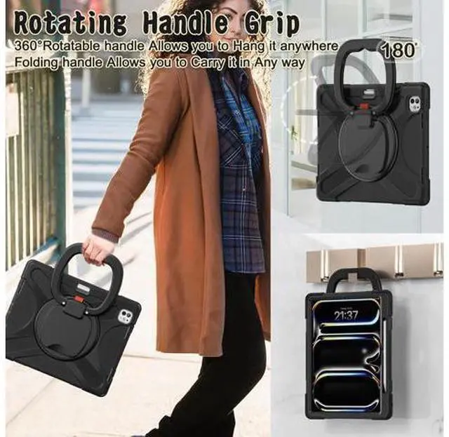 Alt view image 7 of 7 - for iPad Pro 13-inch Case (2024) M4 Chip Model A2925 Heavy Duty Rugged Durability Silicone Tablet Cover with 360° Rotating Ring Foldable Kickstand & Shoulder Strap, Black