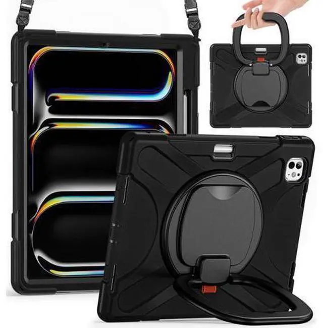 Main image of for iPad Pro 13-inch Case (2024) M4 Chip Model A2925 Heavy Duty Rugged Durability Silicone Tablet Cover with 360° Rotating Ring Foldable Kickstand & Shoulder Strap, Black
