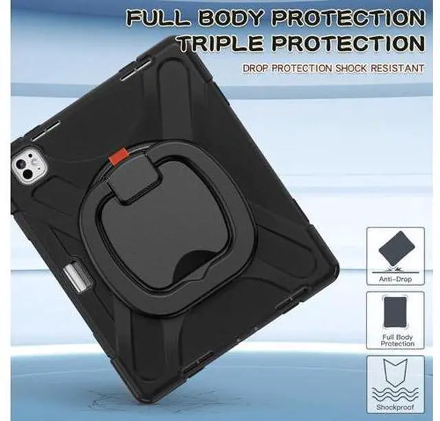 Alt view image 4 of 7 - for iPad Pro 13-inch Case (2024) M4 Chip Model A2925 Heavy Duty Rugged Durability Silicone Tablet Cover with 360° Rotating Ring Foldable Kickstand & Shoulder Strap, Black