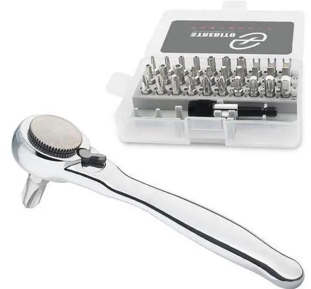 Main image of Right Angle Screwdriver 32-Piece 1/4 Inch Mini Ratchet Set Low Profile Offset Screwdriver Bit Set with 72-Tooth Ratcheting Wrench Stubby Ratchet 90 Degree Screwdriver for Small Spaces