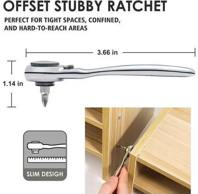 Alt view image 2 of 7 - Right Angle Screwdriver 32-Piece 1/4 Inch Mini Ratchet Set Low Profile Offset Screwdriver Bit Set with 72-Tooth Ratcheting Wrench Stubby Ratchet 90 Degree Screwdriver for Small Spaces