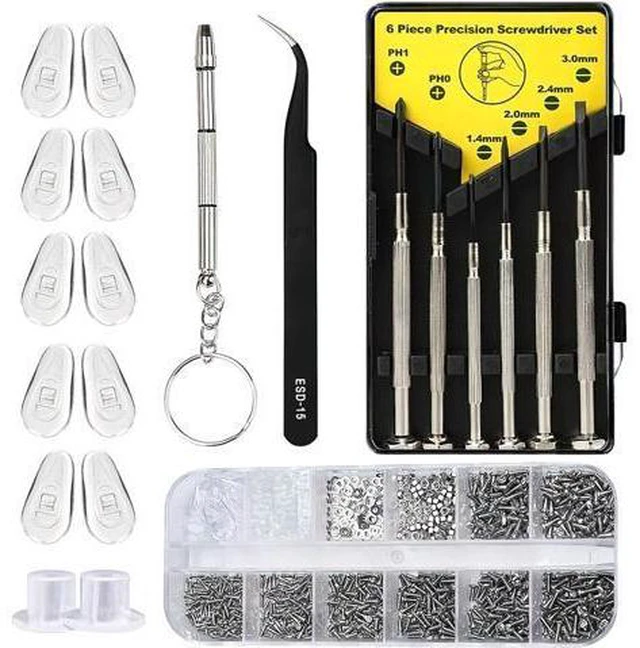 Main image of Kingsdun Eyeglass Repair Kit with 1100pcs Eye Glass Screws & Nose Pads Include 6pcs Phillips Flat Head Screwdriver Set & Curved Tip Tweezer for Sunglasses,Watch Clock (Small)