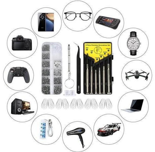 Alt view image 7 of 7 - Kingsdun Eyeglass Repair Kit with 1100pcs Eye Glass Screws & Nose Pads Include 6pcs Phillips Flat Head Screwdriver Set & Curved Tip Tweezer for Sunglasses,Watch Clock (Small)