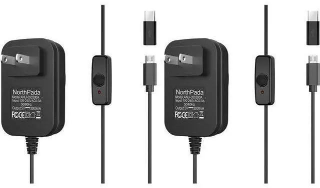 Main image of 2pcs NorthPada Raspberry Pi 3 Model B B+ A+ Plus Power Supply Charger AC Adapter Cord 5V 3A PSU Micro USB 5 Feet with Power On/Off Switch, with a USB C Adapter for Raspberry Pi 4 Model B, Pi 400 - OEM