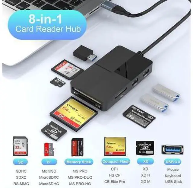 Alt view image 2 of 7 - USB C USB3.0 Multi Card Reader Hub, SD/XD/TF/CF/MS Card Slot with 3 USB3.0, 8 in 2 Memory Card Reader/Adapter/Hub for SD SDXC SDHC CF CFI XD MS TF Micro SD Micro SDXC SDHC MS MMC UHS-I USB Stick Mouse
