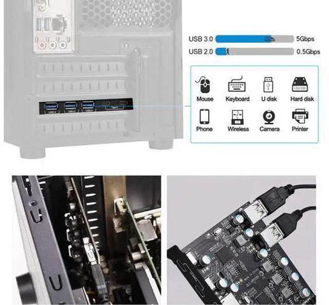 Alt view image 3 of 7 - PCI-E to USB 3.0 Type A+Type C Expansion Card FL110 Chipset 5Gbps for Desktop PC Host Card Support Linus, Windows 10/8/7/XP and MAC OS 10.8.2 Above (2X USB-C + 5X USB-A)