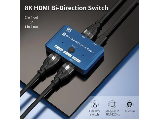 Alt view image 2 of 7 - CABLEDECONN HDMI 2.1 Switch 8K Bi-Directional Splitter 8K@60Hz 4K@120Hz 1440p@165Hz 1080P@240Hz 1in 2out 2in 1out High Speed 48Gbps eARC Converter Compatible with Xbox X PS5 Blue ¡