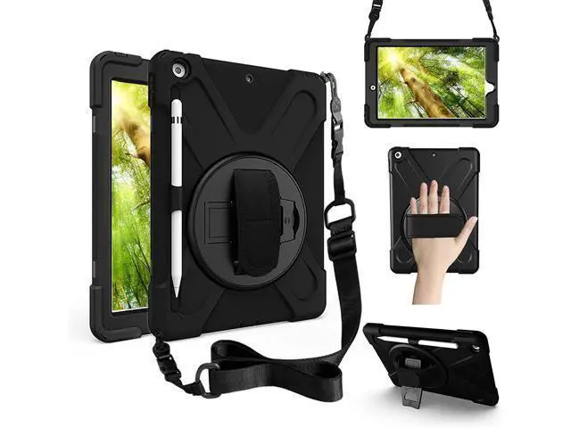 Alt view image 2 of 7 - Bundle-iPad 8th/7th Generation 10.2 Case with Tempered Glass Screen Protector Pencil Holder Kickstand Hand Strap and Shoulder Strap, Black