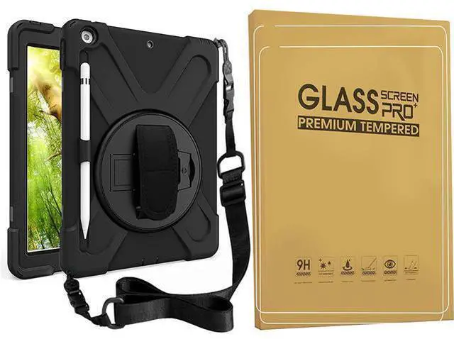 Main image of Bundle-iPad 8th/7th Generation 10.2 Case with Tempered Glass Screen Protector Pencil Holder Kickstand Hand Strap and Shoulder Strap, Black