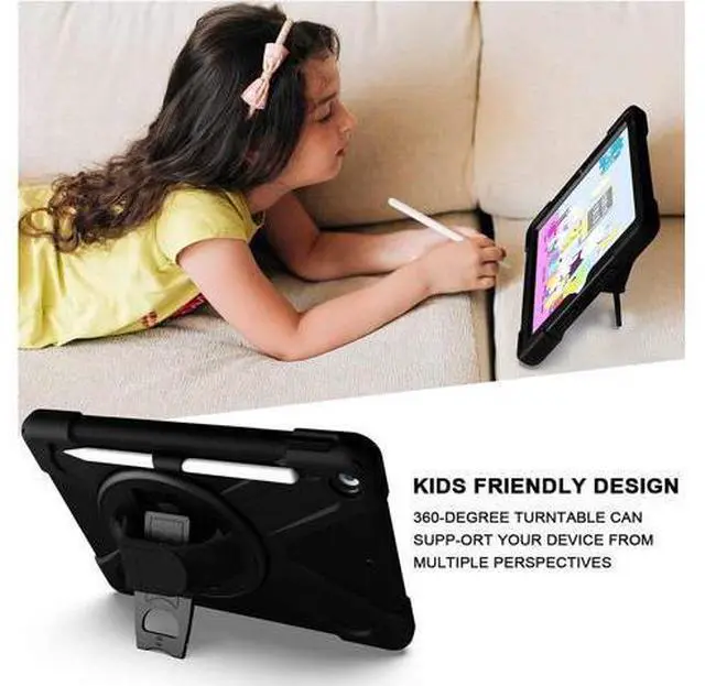 Alt view image 5 of 7 - Bundle-iPad 8th/7th Generation 10.2 Case with Tempered Glass Screen Protector Pencil Holder Kickstand Hand Strap and Shoulder Strap, Black