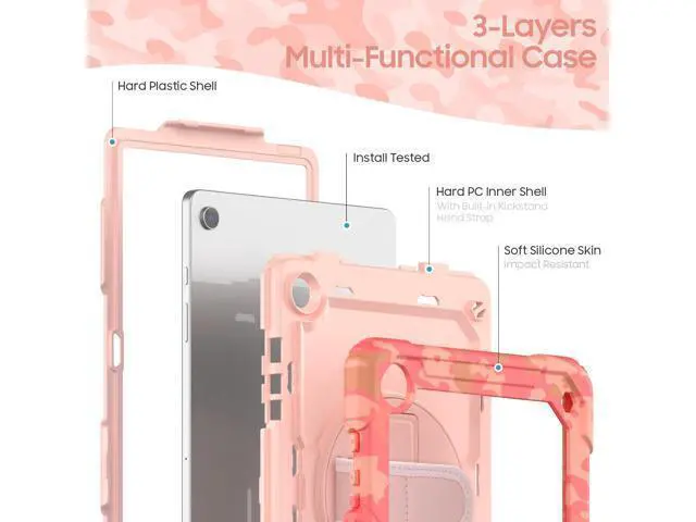 Alt view image 2 of 7 - Case for Sam-sung Galaxy Tab A9 Plus 11 inch, Heavy Duty Shockproof Case with Rotatable Stand & Shoulder Strap, Camouflage Pink