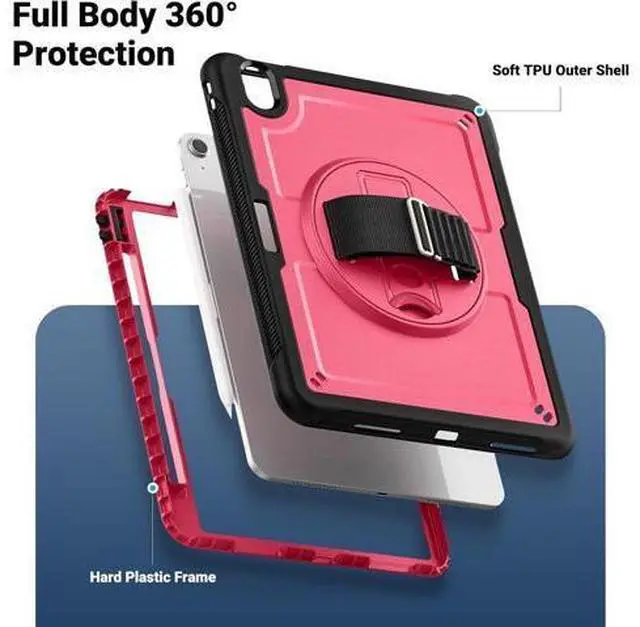 Alt view image 2 of 7 - Case for iPad Air (2024) 11-inch M2 Chip Multilayered Rugged Durable Shockproof Tablet Cover with 360° Rotating Hand Strap Foldable Hidden Stand, Pink