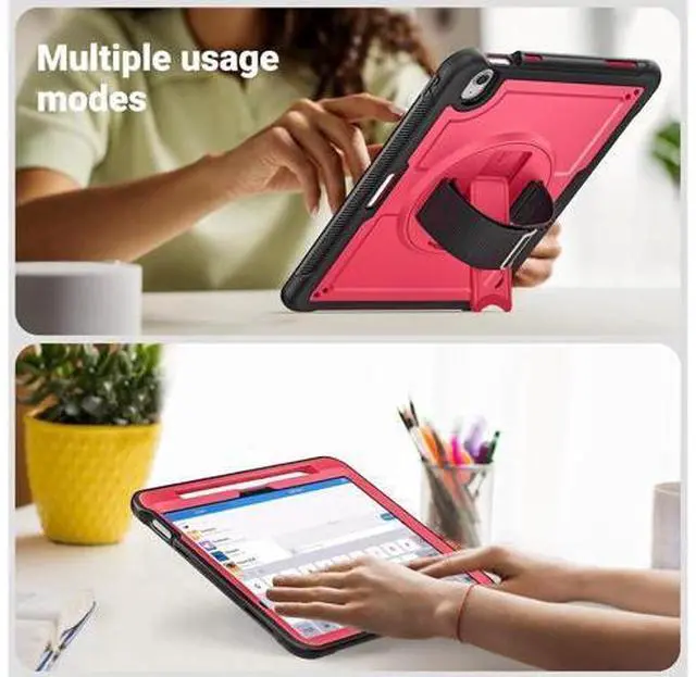 Alt view image 5 of 7 - Case for iPad Air (2024) 11-inch M2 Chip Multilayered Rugged Durable Shockproof Tablet Cover with 360° Rotating Hand Strap Foldable Hidden Stand, Pink