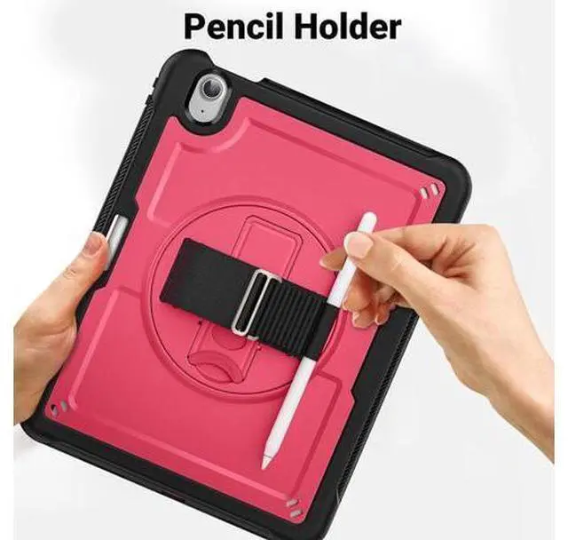 Alt view image 7 of 7 - Case for iPad Air (2024) 11-inch M2 Chip Multilayered Rugged Durable Shockproof Tablet Cover with 360° Rotating Hand Strap Foldable Hidden Stand, Pink
