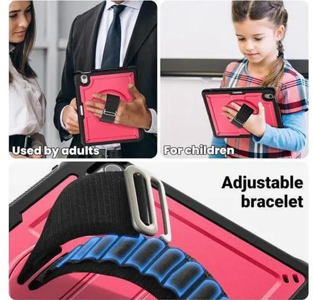 Alt view image 6 of 7 - Case for iPad Air (2024) 11-inch M2 Chip Multilayered Rugged Durable Shockproof Tablet Cover with 360° Rotating Hand Strap Foldable Hidden Stand, Pink