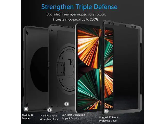Alt view image 3 of 7 - Case for iPad Pro 12.9 2021 5th Generation Black + Adjustable iPad Shoulder Strap - Get 2