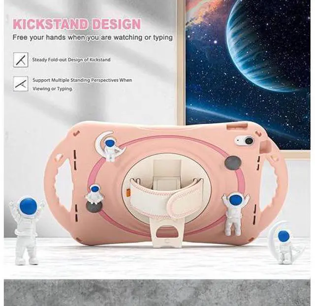 Alt view image 4 of 7 - iPad 10th Generation 10.9'' Kids Case, iPad 10th Gen 10.9 Rugged Shockproof Protective Rubber Case with Kickstand/Hand Strap/Shoulder Strap Handle Grip & Pencil Holder, Sakura Pink