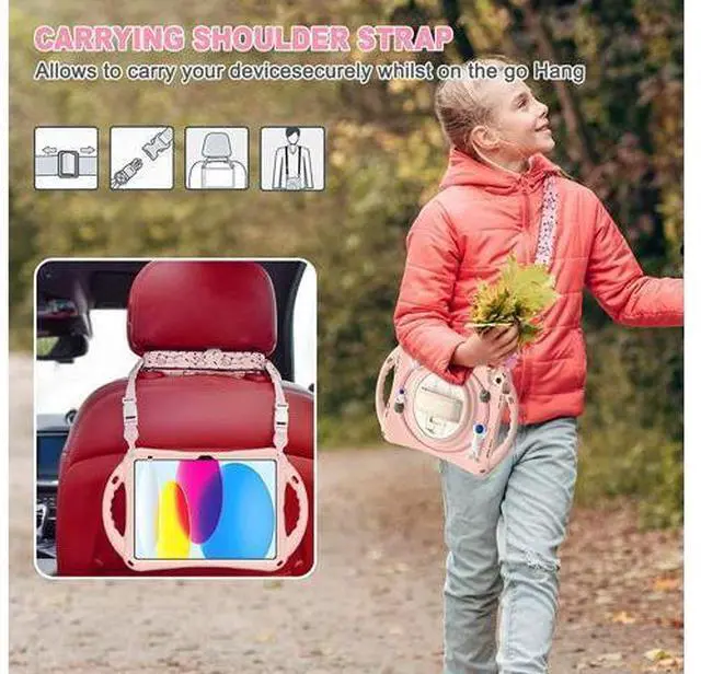 Alt view image 5 of 7 - iPad 10th Generation 10.9'' Kids Case, iPad 10th Gen 10.9 Rugged Shockproof Protective Rubber Case with Kickstand/Hand Strap/Shoulder Strap Handle Grip & Pencil Holder, Sakura Pink