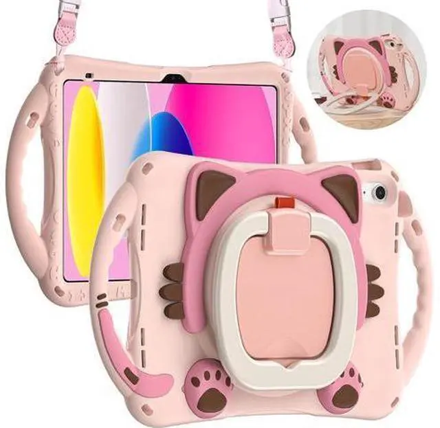 Main image of Cute Cat Case for iPad 10th Generation 10.9 Inch 2022, Silicone Kids Boys Girls Case with Pencil Holder,Carrying Shoulder Strap,Handle Grip,Kickstand for iPad 10th Gen A2696 A2757 A2777-Pink