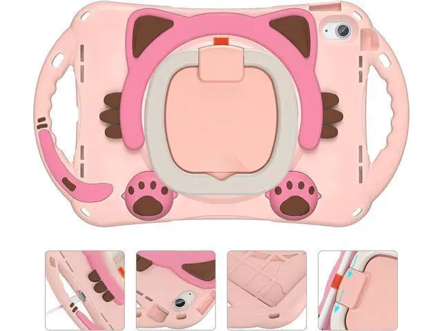 Alt view image 3 of 7 - Cute Cat Case for iPad 10th Generation 10.9 Inch 2022, Silicone Kids Boys Girls Case with Pencil Holder,Carrying Shoulder Strap,Handle Grip,Kickstand for iPad 10th Gen A2696 A2757 A2777-Pink