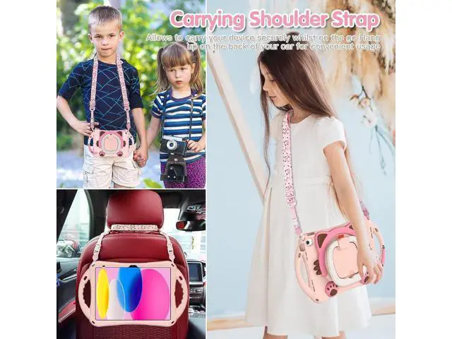 Alt view image 6 of 7 - Cute Cat Case for iPad 10th Generation 10.9 Inch 2022, Silicone Kids Boys Girls Case with Pencil Holder,Carrying Shoulder Strap,Handle Grip,Kickstand for iPad 10th Gen A2696 A2757 A2777-Pink