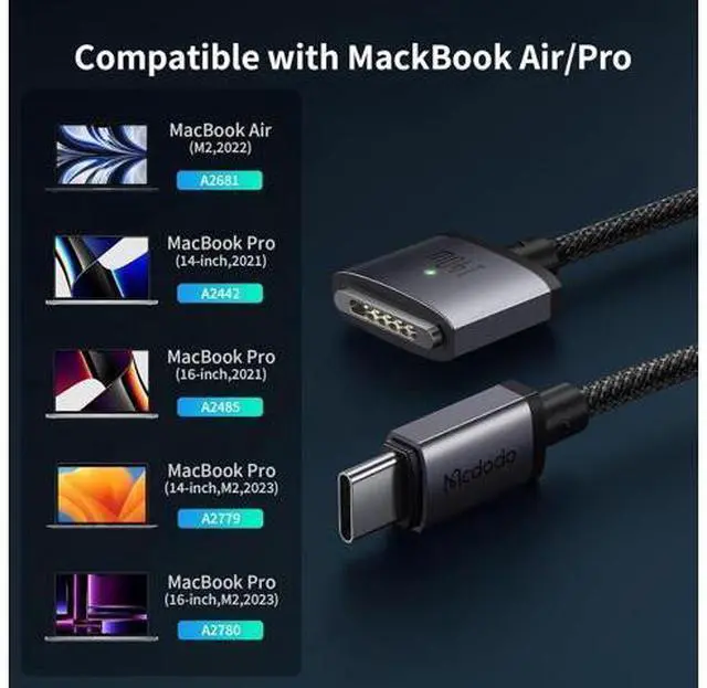 Alt view image 4 of 7 - mcdodo 140W USB C to Magsafe 3 Cable, MacBook Air Charger Magnetic Cable Compatible with MacBook Pro/Air M1 M2 M3(2021-2024 14"&16")-6.6ft