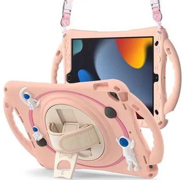 Main image of Kids Case for iPad 9th 8th 7th Generation 10.2'' 2021 2020 2019/iPad Air 10.5 /Pro 10.5, Shockproof Rubber Case with Kickstand Shoulder Strap Hand Strap Handle Grip Pencil Holder, Pink