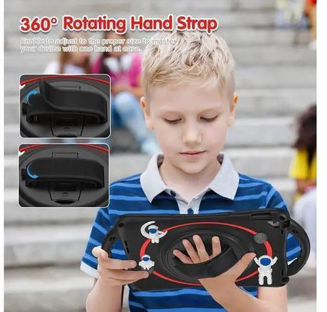 Alt view image 4 of 7 - Kids Case for iPad 9th 8th 7th Generation 10.2'' 2021 2020 2019/iPad Air 10.5 /Pro 10.5, Shockproof Silicone Case with Kickstand Shoulder Strap Hand Strap Handle Grip Pencil Holder, Black