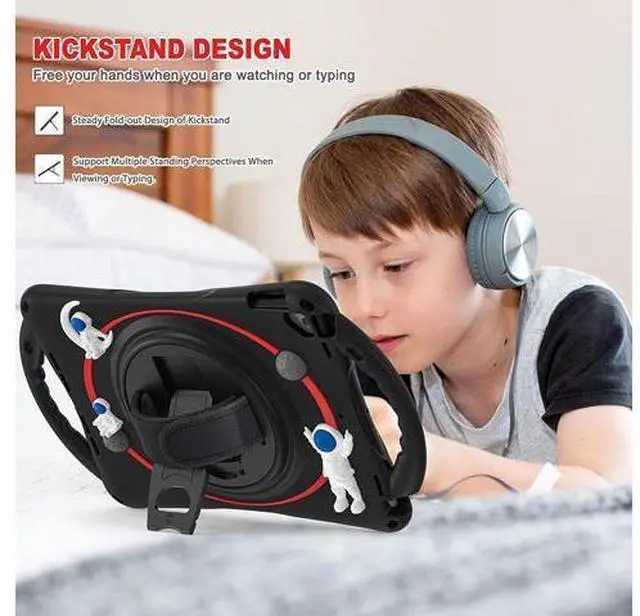 Alt view image 2 of 7 - Kids Case for iPad 9th 8th 7th Generation 10.2'' 2021 2020 2019/iPad Air 10.5 /Pro 10.5, Shockproof Silicone Case with Kickstand Shoulder Strap Hand Strap Handle Grip Pencil Holder, Black