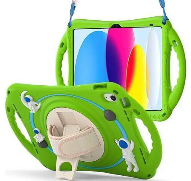 Main image of iPad 10th Generation 10.9'' Kids Case, iPad 10th Gen 10.9 Rugged Shockproof Protective Rubber Case with Kickstand/Hand Strap/Shoulder Strap Handle Grip & Pencil Holder, Frog Green