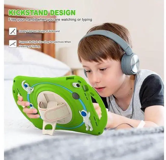 Alt view image 3 of 7 - iPad 10th Generation 10.9'' Kids Case, iPad 10th Gen 10.9 Rugged Shockproof Protective Rubber Case with Kickstand/Hand Strap/Shoulder Strap Handle Grip & Pencil Holder, Frog Green