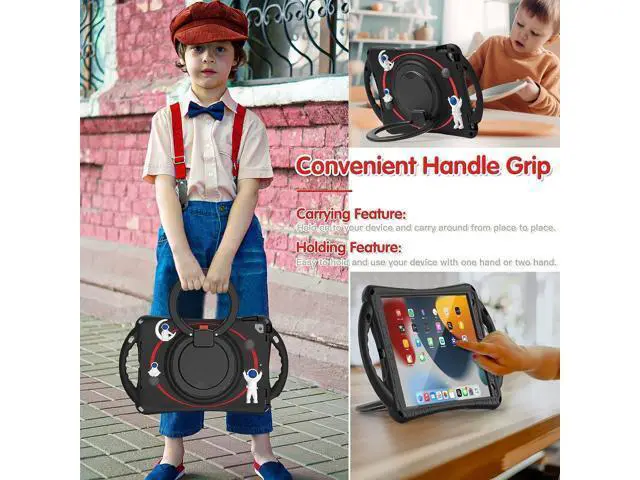 Alt view image 4 of 7 - 3D Cute Spaceman Astronauts Case for iPad 9th 8th 7th Generation 10.2, Silicone Kids Boys Case with Pencil Holder,Carrying Strap,Handle Grip,Kickstand for iPad Air 3/iPad Pro 10.5 -Black Red