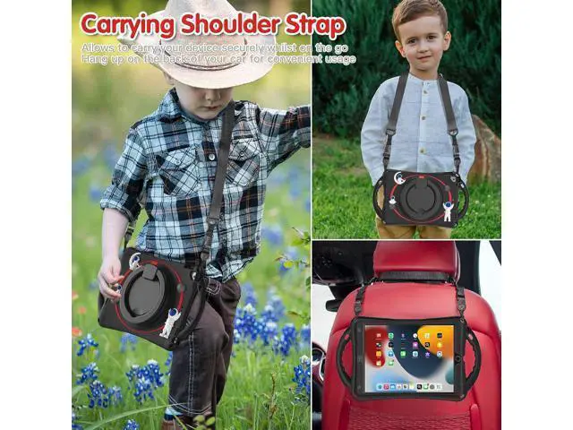 Alt view image 5 of 7 - 3D Cute Spaceman Astronauts Case for iPad 9th 8th 7th Generation 10.2, Silicone Kids Boys Case with Pencil Holder,Carrying Strap,Handle Grip,Kickstand for iPad Air 3/iPad Pro 10.5 -Black Red