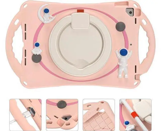 Alt view image 3 of 7 - 3D Cute Astronauts Case for iPad 9th 8th 7th Generation 10.2 Inch,Silicone Kids Girls Spaceman Case with Pencil Holder,Carrying Strap,Handle Grip,Kickstand for iPad Air 3 Gen/iPad Pro 10.5-Pink