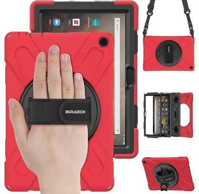 Main image of Fire HD 10 11th Generation 2021 Case,Fire HD 10 2021 Case 11th Gen, Heavy Duty Shockproof Protective Cover with Rotating Hand Strap,Shoulder Strap,Kickstand for Amazon Fire HD 10/HD 10 Plus-Red