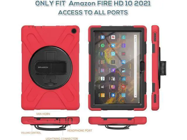Alt view image 3 of 7 - Fire HD 10 11th Generation 2021 Case,Fire HD 10 2021 Case 11th Gen, Heavy Duty Shockproof Protective Cover with Rotating Hand Strap,Shoulder Strap,Kickstand for Amazon Fire HD 10/HD 10 Plus-Red