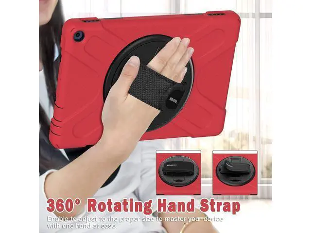 Alt view image 4 of 7 - Fire HD 10 11th Generation 2021 Case,Fire HD 10 2021 Case 11th Gen, Heavy Duty Shockproof Protective Cover with Rotating Hand Strap,Shoulder Strap,Kickstand for Amazon Fire HD 10/HD 10 Plus-Red