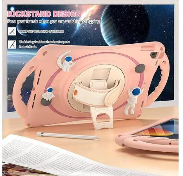 Alt view image 3 of 7 - Kids Case for iPad 9th 8th 7th Generation 10.2'' 2021 2020 2019/iPad Air 10.5 /Pro 10.5, Shockproof Rubber Case with Kickstand Shoulder Strap Hand Strap Handle Grip Pencil Holder, Pink