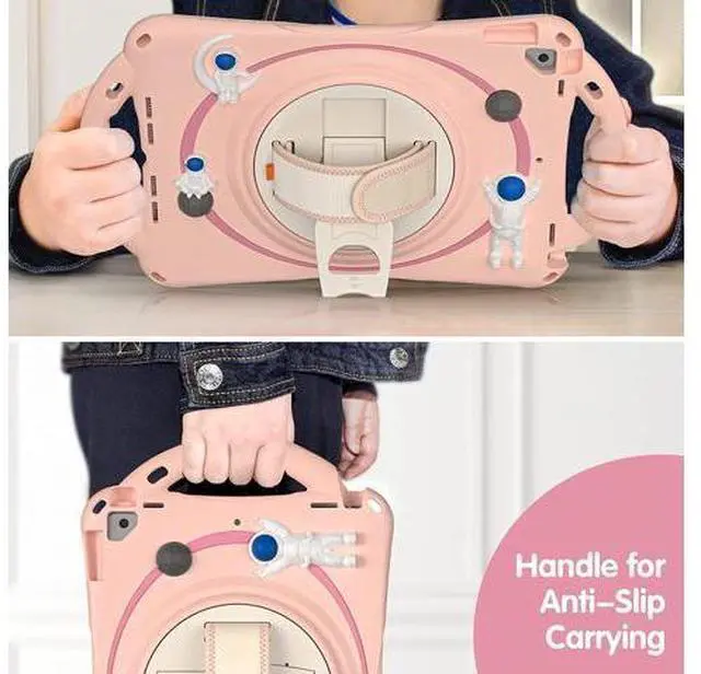 Alt view image 4 of 7 - Kids Case for iPad 9th 8th 7th Generation 10.2'' 2021 2020 2019/iPad Air 10.5 /Pro 10.5, Shockproof Rubber Case with Kickstand Shoulder Strap Hand Strap Handle Grip Pencil Holder, Pink