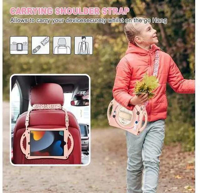 Alt view image 5 of 7 - Kids Case for iPad 9th 8th 7th Generation 10.2'' 2021 2020 2019/iPad Air 10.5 /Pro 10.5, Shockproof Rubber Case with Kickstand Shoulder Strap Hand Strap Handle Grip Pencil Holder, Pink