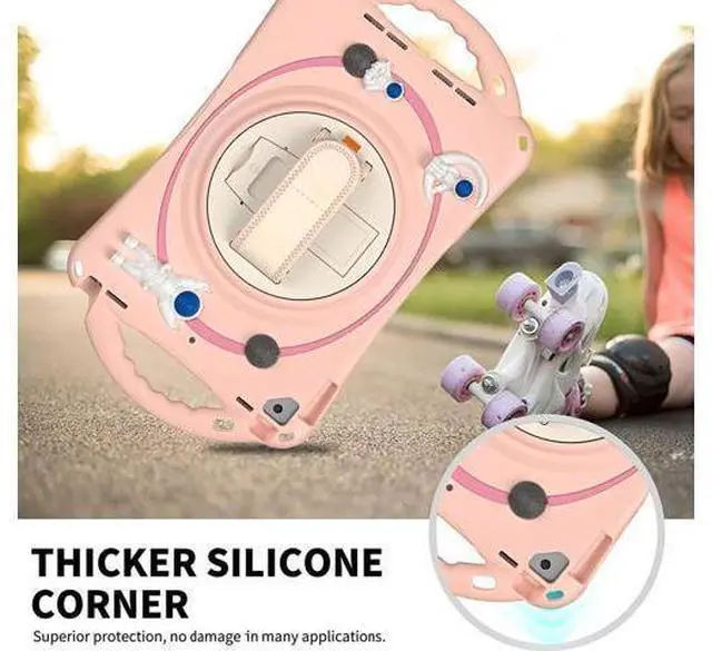 Alt view image 6 of 7 - Kids Case for iPad 9th 8th 7th Generation 10.2'' 2021 2020 2019/iPad Air 10.5 /Pro 10.5, Shockproof Rubber Case with Kickstand Shoulder Strap Hand Strap Handle Grip Pencil Holder, Pink