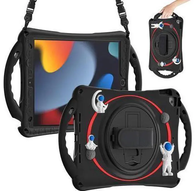 Main image of Kids Case for iPad 9th 8th 7th Generation 10.2'' 2021 2020 2019/iPad Air 10.5 /Pro 10.5, Shockproof Silicone Case with Kickstand Shoulder Strap Hand Strap Handle Grip Pencil Holder, Black
