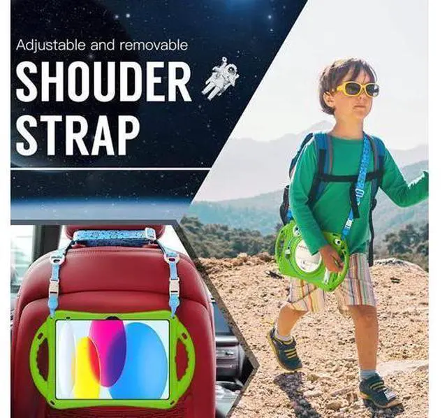 Alt view image 5 of 7 - iPad 10th Generation 10.9'' Kids Case, iPad 10th Gen 10.9 Rugged Shockproof Protective Rubber Case with Kickstand/Hand Strap/Shoulder Strap Handle Grip & Pencil Holder, Frog Green