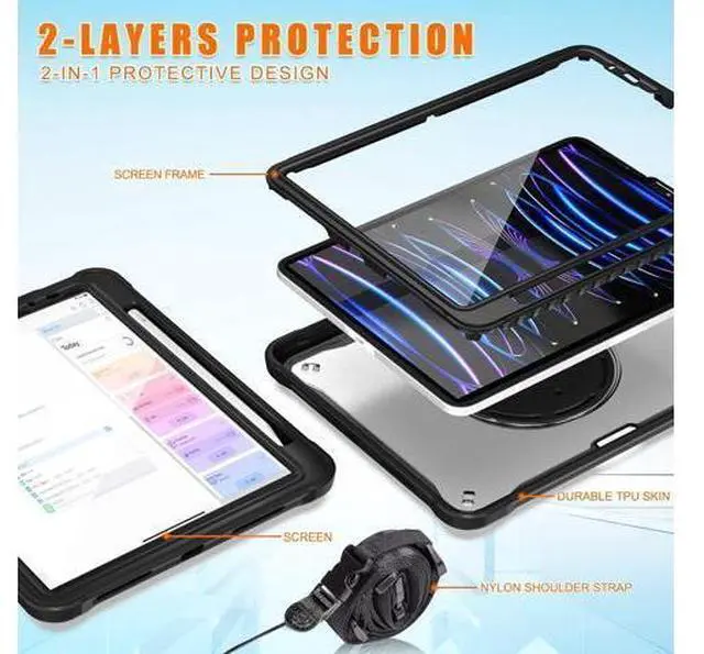 Alt view image 4 of 7 - Case for iPad Pro 12.9-inch 2022 6th M2 /2021 (5rd Generation) / iPad Pro 12.9" 4th/3rd Gen Heavy Duty Rugged Shockproof Tablet Cover with 360° Rotating Hand Strap & Shoulder Strap